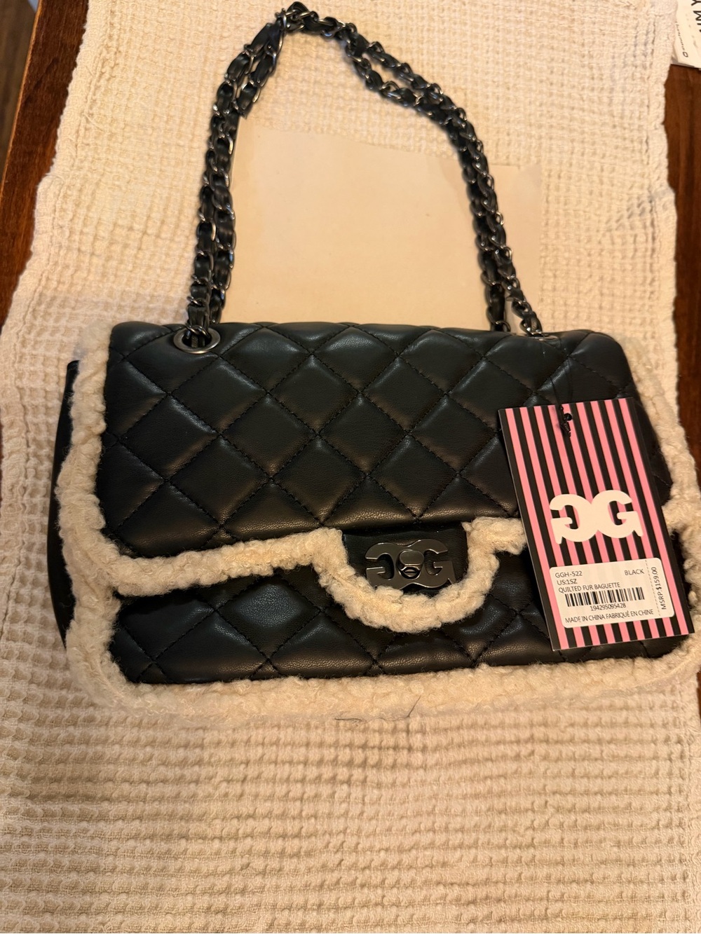 GG Collection Black Quilted Shoulder Bag with Cream Shearling Trim